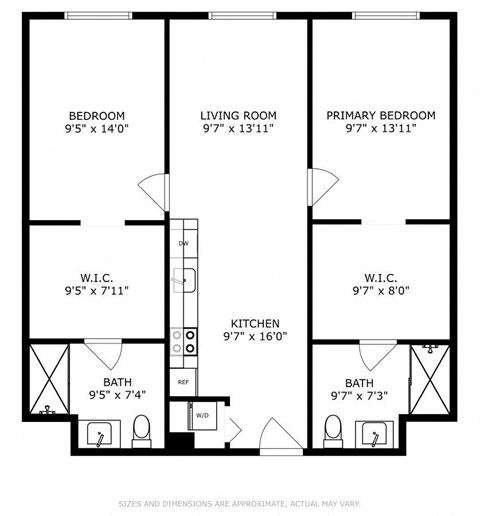 Floor plan for 2 beds, 2 baths, 971 sqft